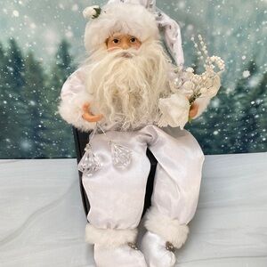 VTG White Santa Shelf Sitter 17” Elegant Christmas Decor Satin Outfit.